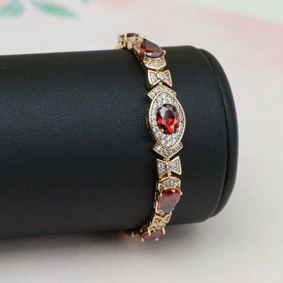 "Rose Gold Red Oval Stone Bracelet with Bow Design, XPBL0802 - Picture 11 of 12